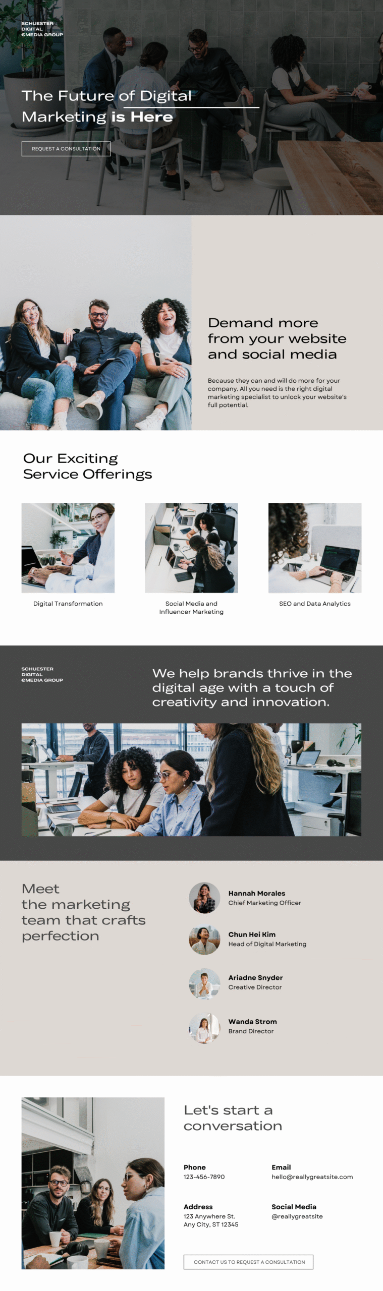 Home marketing service website in white light brown black professional style